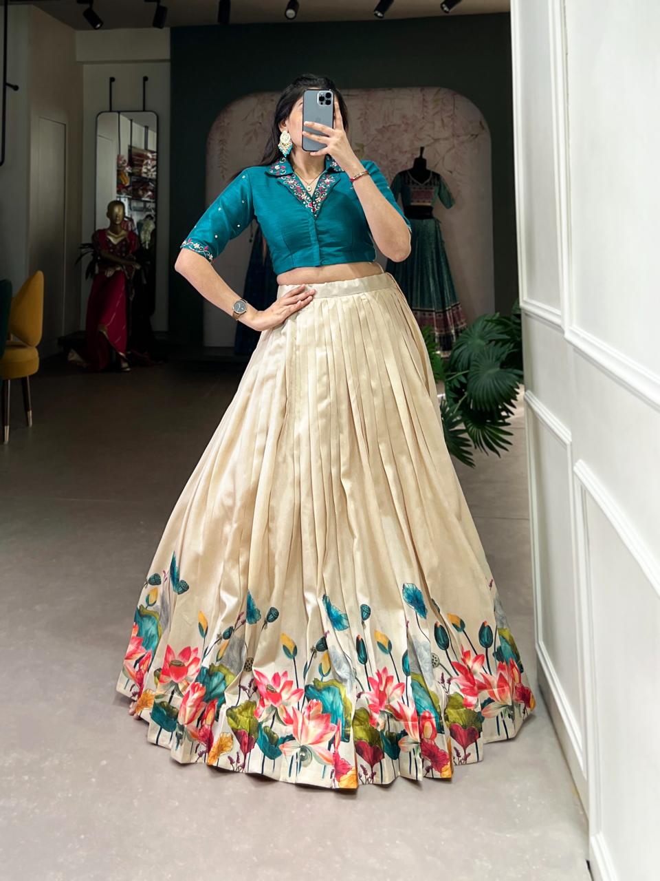 Elegant Beige Floral Lotus Print Chaniya Choli with Deep Teal Collar Blouse