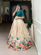 Elegant Beige Floral Lotus Print Chaniya Choli with Deep Teal Collar Blouse