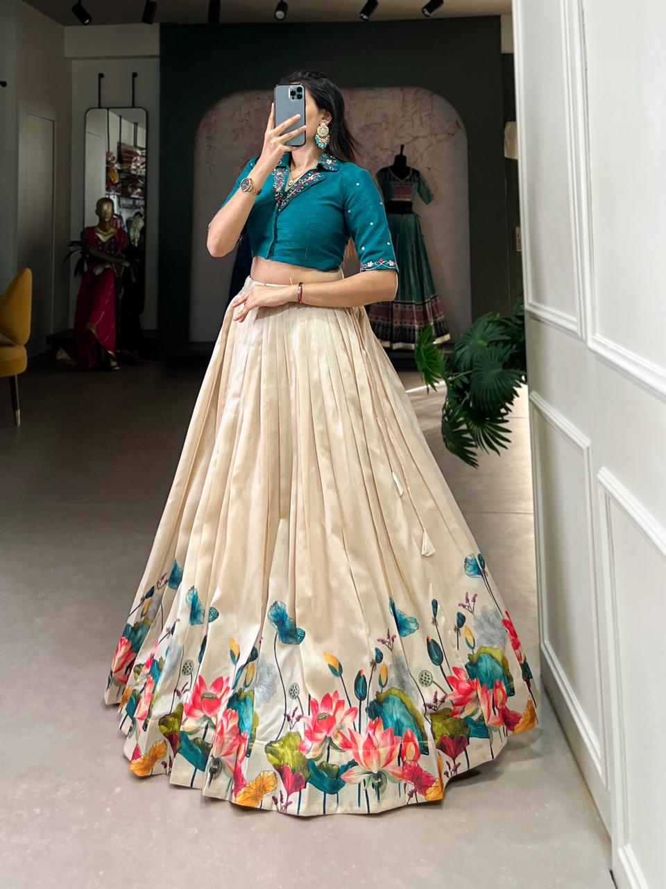 Elegant Beige Floral Lotus Print Chaniya Choli with Deep Teal Collar Blouse
