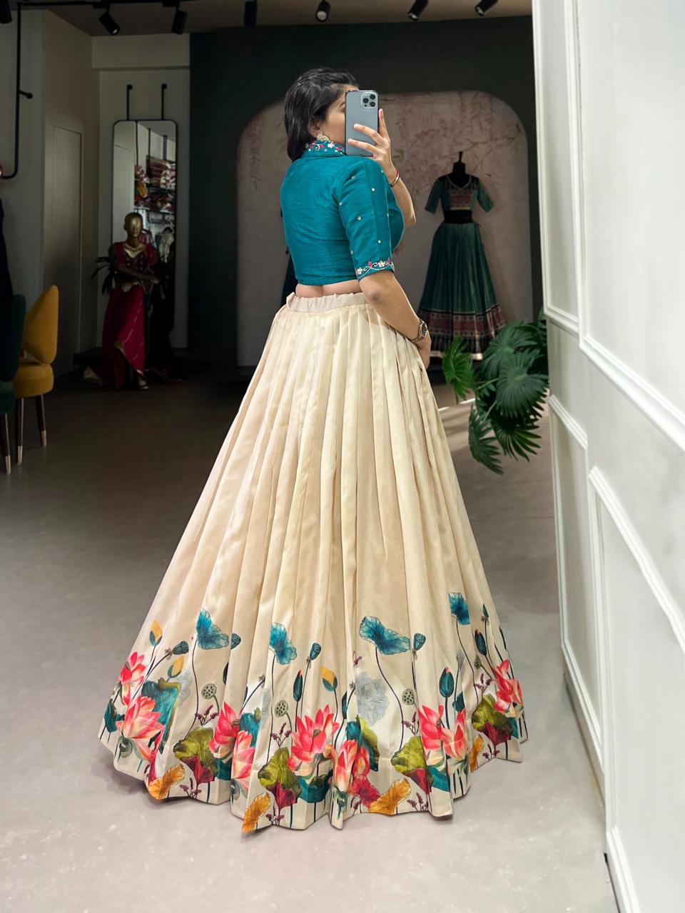 Elegant Beige Floral Lotus Print Chaniya Choli with Deep Teal Collar Blouse