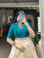 Elegant Beige Floral Lotus Print Chaniya Choli with Deep Teal Collar Blouse