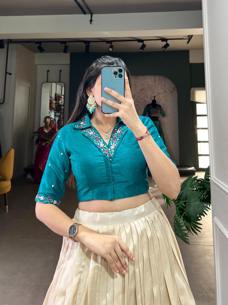 Elegant Beige Floral Lotus Print Chaniya Choli with Deep Teal Collar Blouse