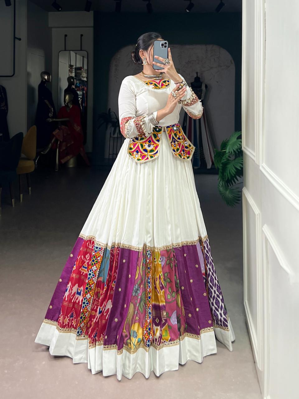 Pristine White Chaniya Choli with Multi-Pattern Gamthi & Patola Patchwork Border