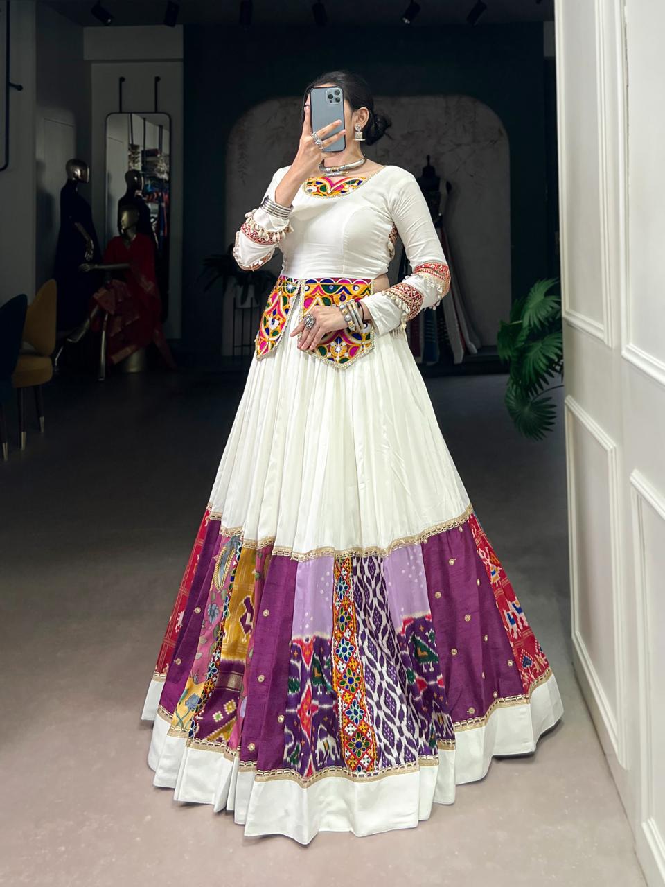 Pristine White Chaniya Choli with Multi-Pattern Gamthi & Patola Patchwork Border Secondary image