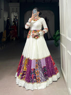Pristine White Chaniya Choli with Multi-Pattern Gamthi & Patola Patchwork Border