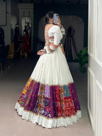 Pristine White Chaniya Choli with Multi-Pattern Gamthi & Patola Patchwork Border