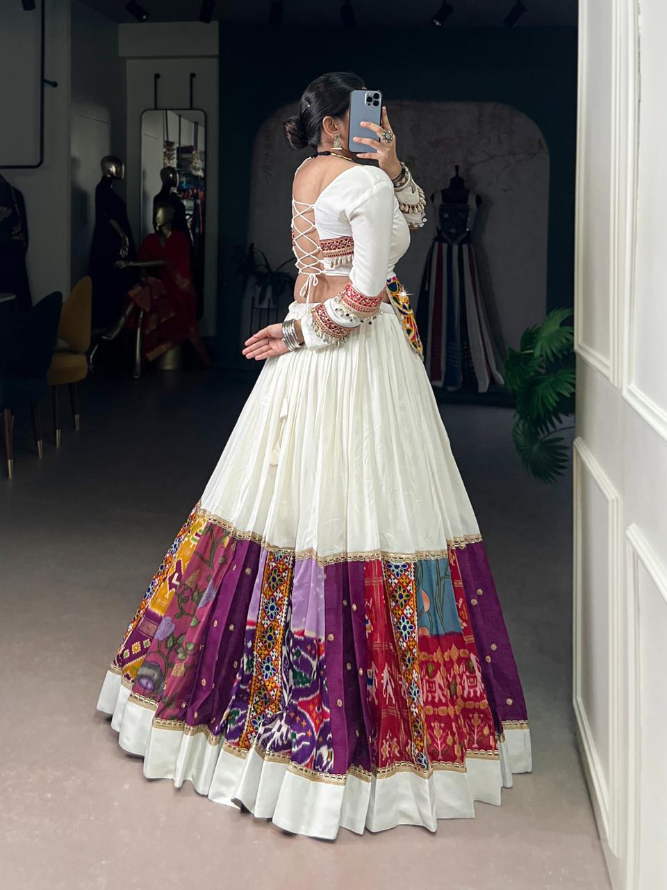 Pristine White Chaniya Choli with Multi-Pattern Gamthi & Patola Patchwork Border