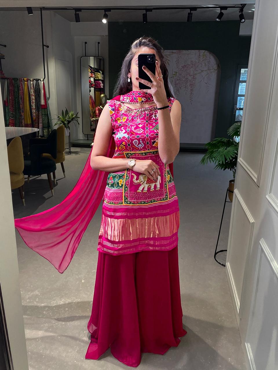 Vibrant Pink Patola Print Sharara Set with Heavy Elephant Embroidery Motif