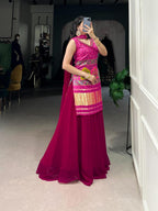 Vibrant Pink Bandhani Print Sharara Set with Traditional Arch Patchwork Embroidery