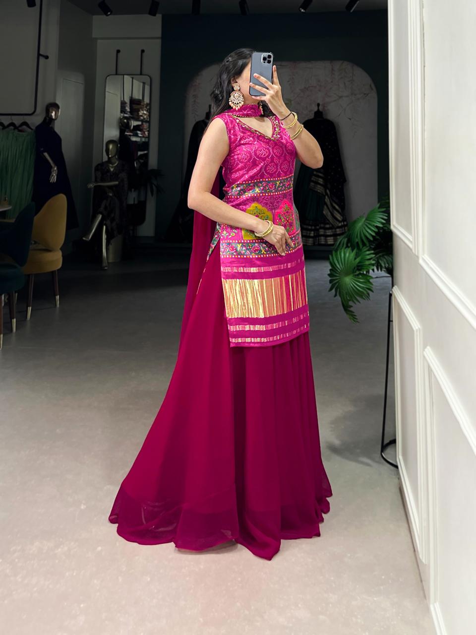 Vibrant Pink Bandhani Print Sharara Set with Traditional Arch Patchwork Embroidery