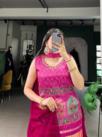 Vibrant Pink Bandhani Print Sharara Set with Traditional Arch Patchwork Embroidery