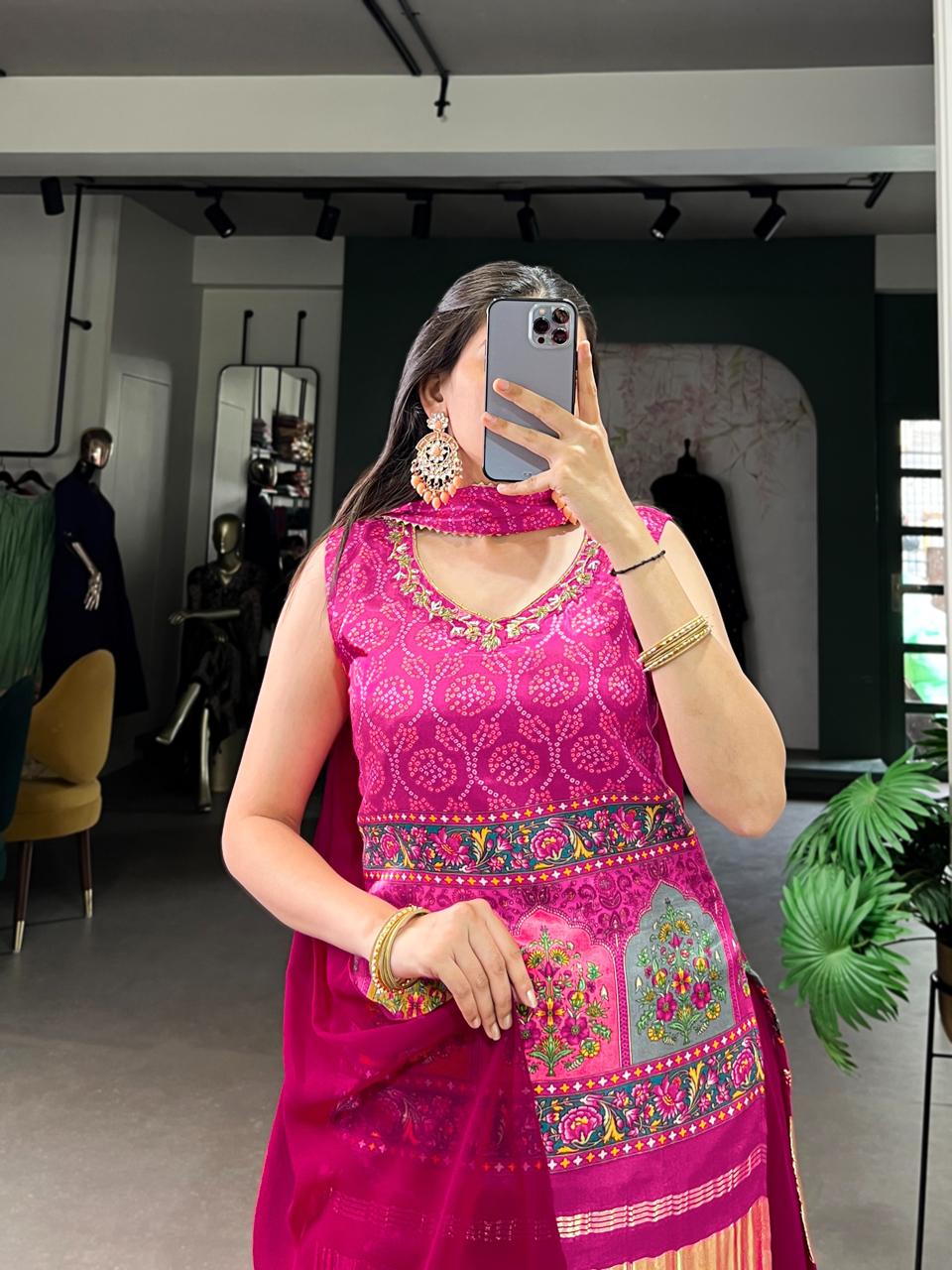 Vibrant Pink Bandhani Print Sharara Set with Traditional Arch Patchwork Embroidery
