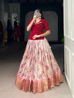 Elegant Cream Floral Print Chaniya Choli with Crimson Peplum Blouse & Zari Border