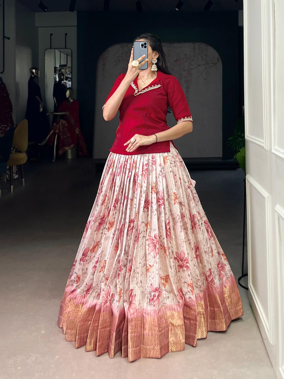 Elegant Cream Floral Print Chaniya Choli with Crimson Peplum Blouse & Zari Border