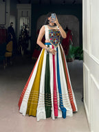 Multi-Color Panel Chaniya Choli with Heavy Kutchi Gamthi Mirror Work Blouse