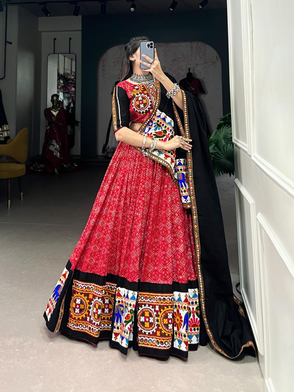 Traditional Red Patola Print Chaniya Choli with Heavy Gamthi & Mirror Work Border