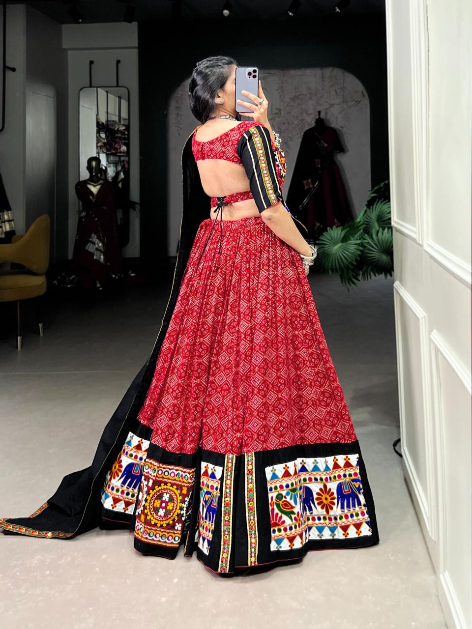 Traditional Red Patola Print Chaniya Choli with Heavy Gamthi & Mirror Work Border
