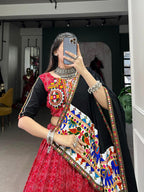 Traditional Red Patola Print Chaniya Choli with Heavy Gamthi & Mirror Work Border
