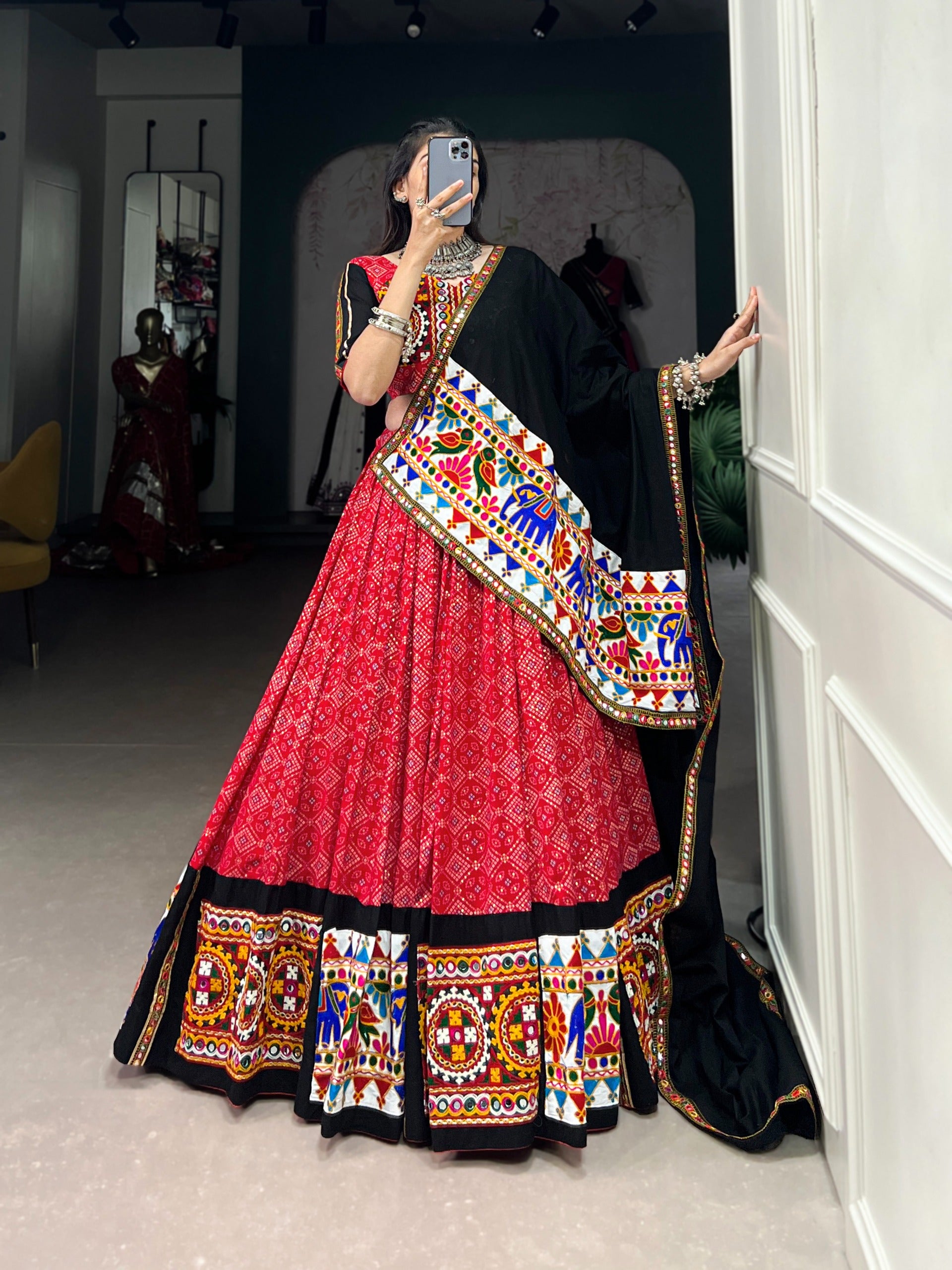 Traditional Red Rayon Gamthi Work Chaniya Choli with 6-Meter Flair & Black Dupatta