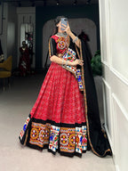 Traditional Red Rayon Gamthi Work Chaniya Choli with 6-Meter Flair & Black Dupatta