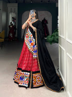 Traditional Red Rayon Gamthi Work Chaniya Choli with 6-Meter Flair & Black Dupatta