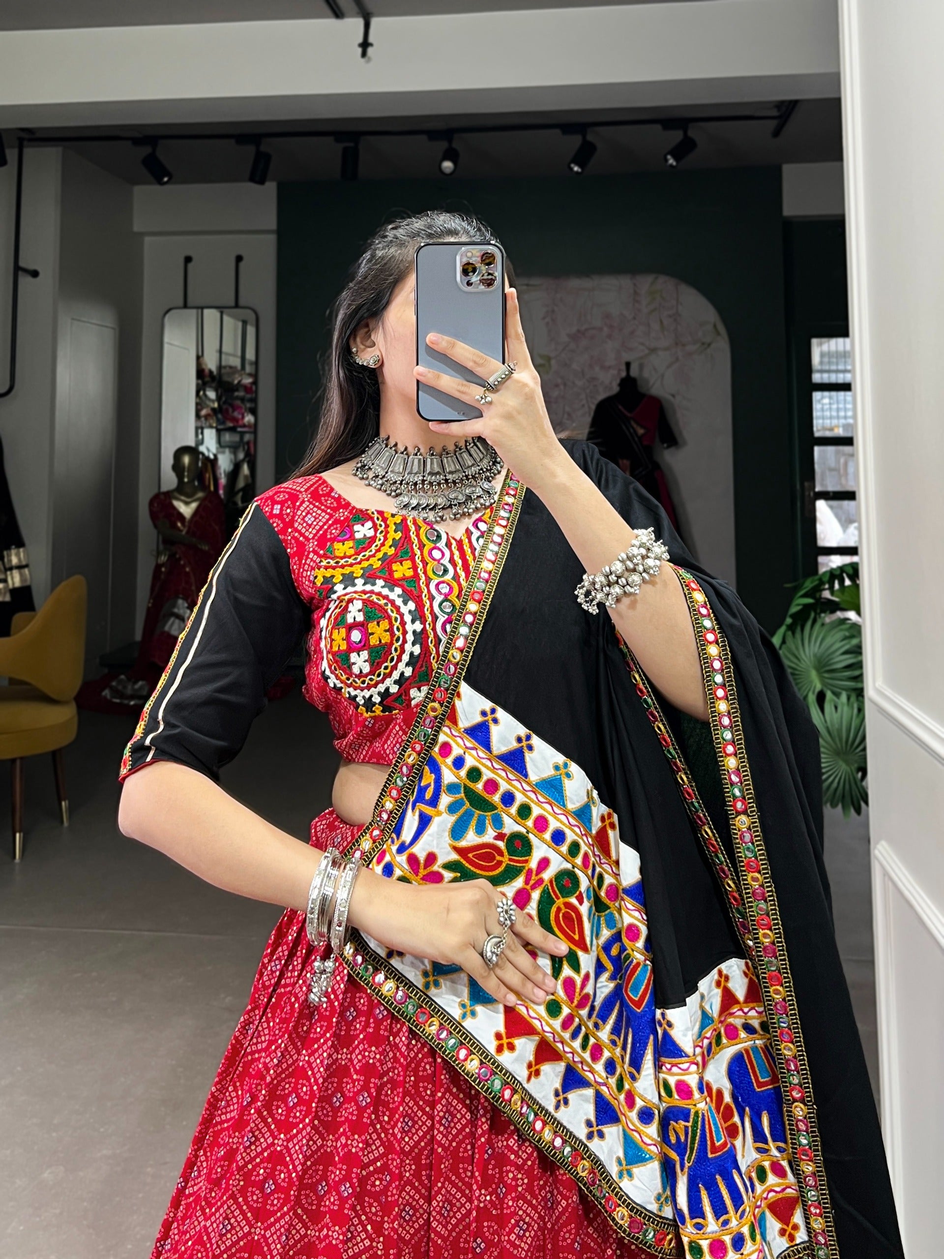 Traditional Red Rayon Gamthi Work Chaniya Choli with 6-Meter Flair & Black Dupatta