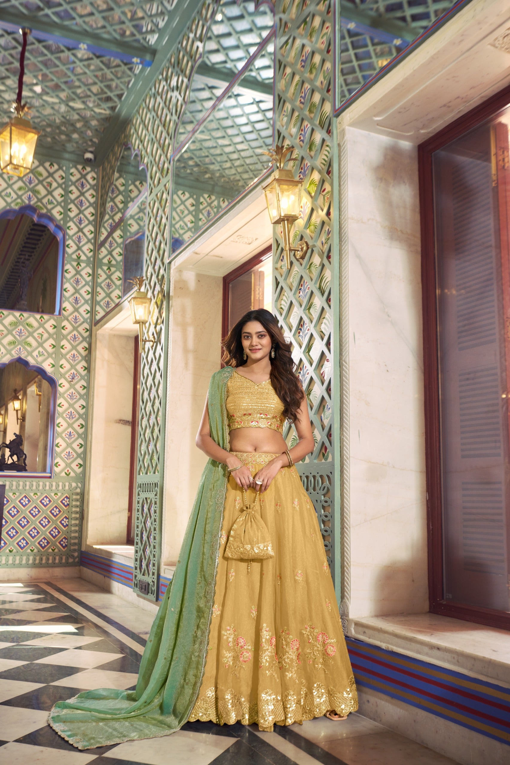 Sunlit Grace Pastel Yellow Moss Silk Chaniya Choli with Contrast Pistachio Dupatta