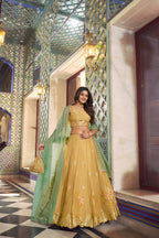 Sunlit Grace Pastel Yellow Moss Silk Chaniya Choli with Contrast Pistachio Dupatta