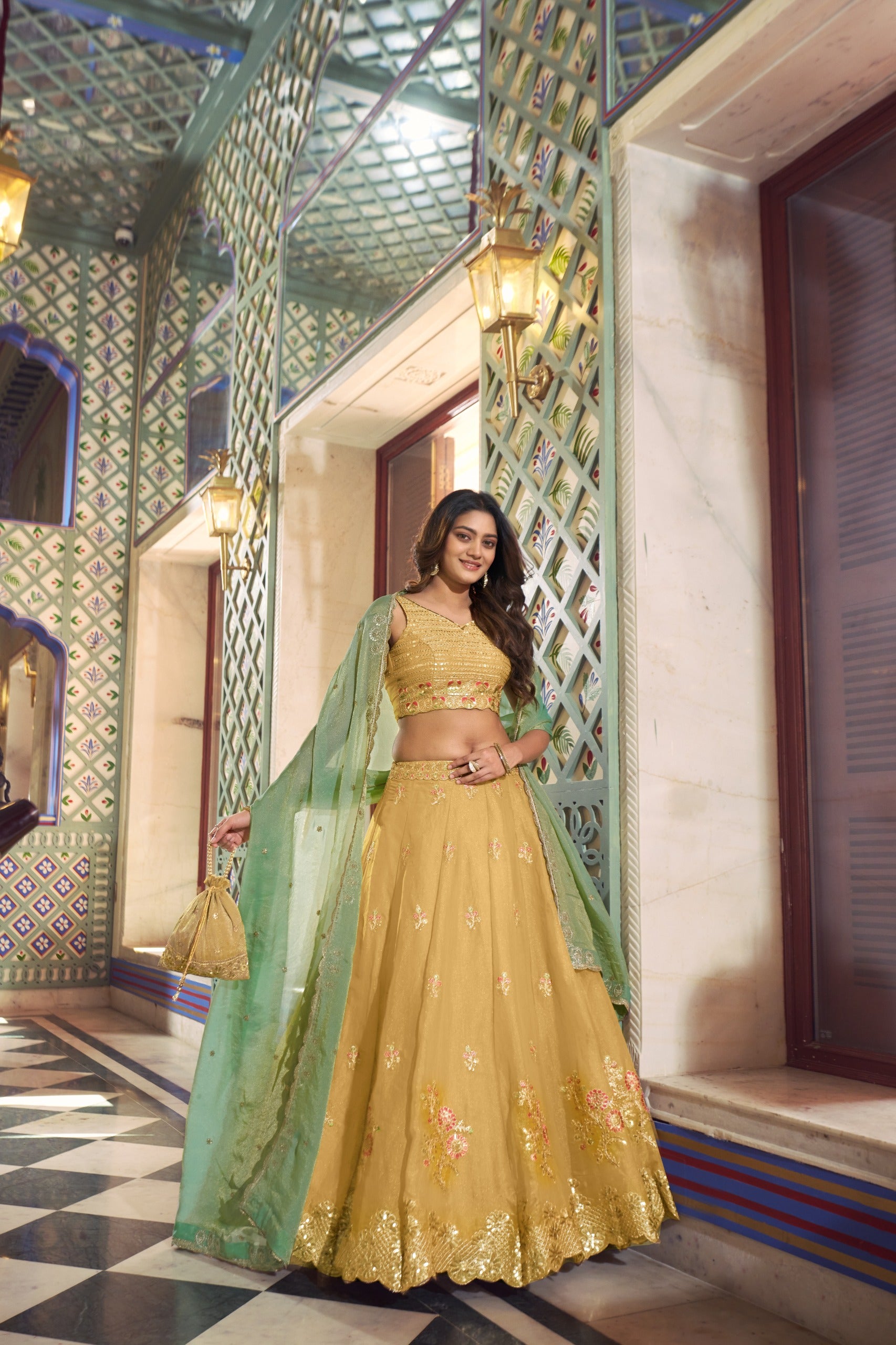 Sunlit Grace Pastel Yellow Moss Silk Chaniya Choli with Contrast Pistachio Dupatta