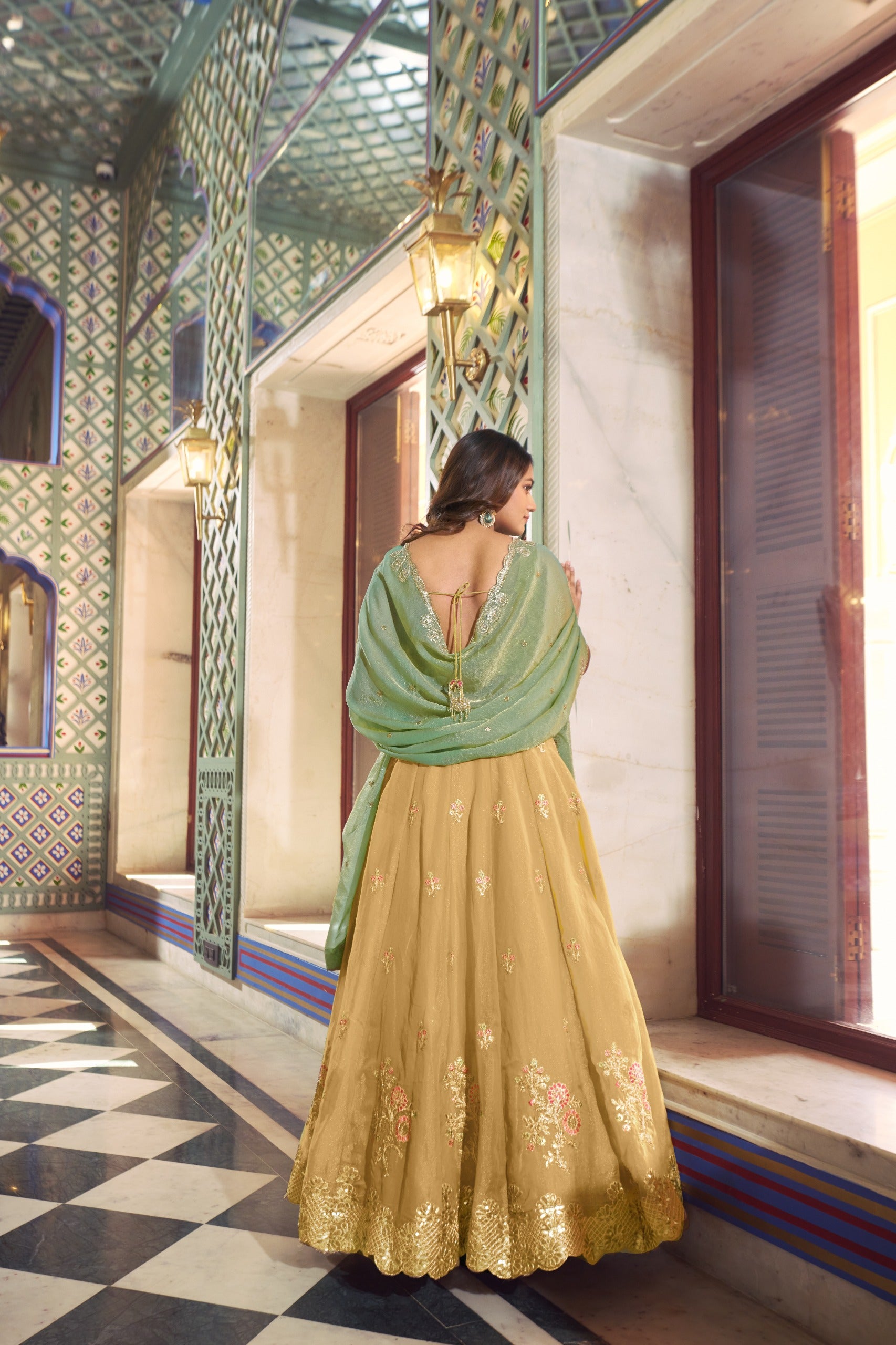 Sunlit Grace Pastel Yellow Moss Silk Chaniya Choli with Contrast Pistachio Dupatta
