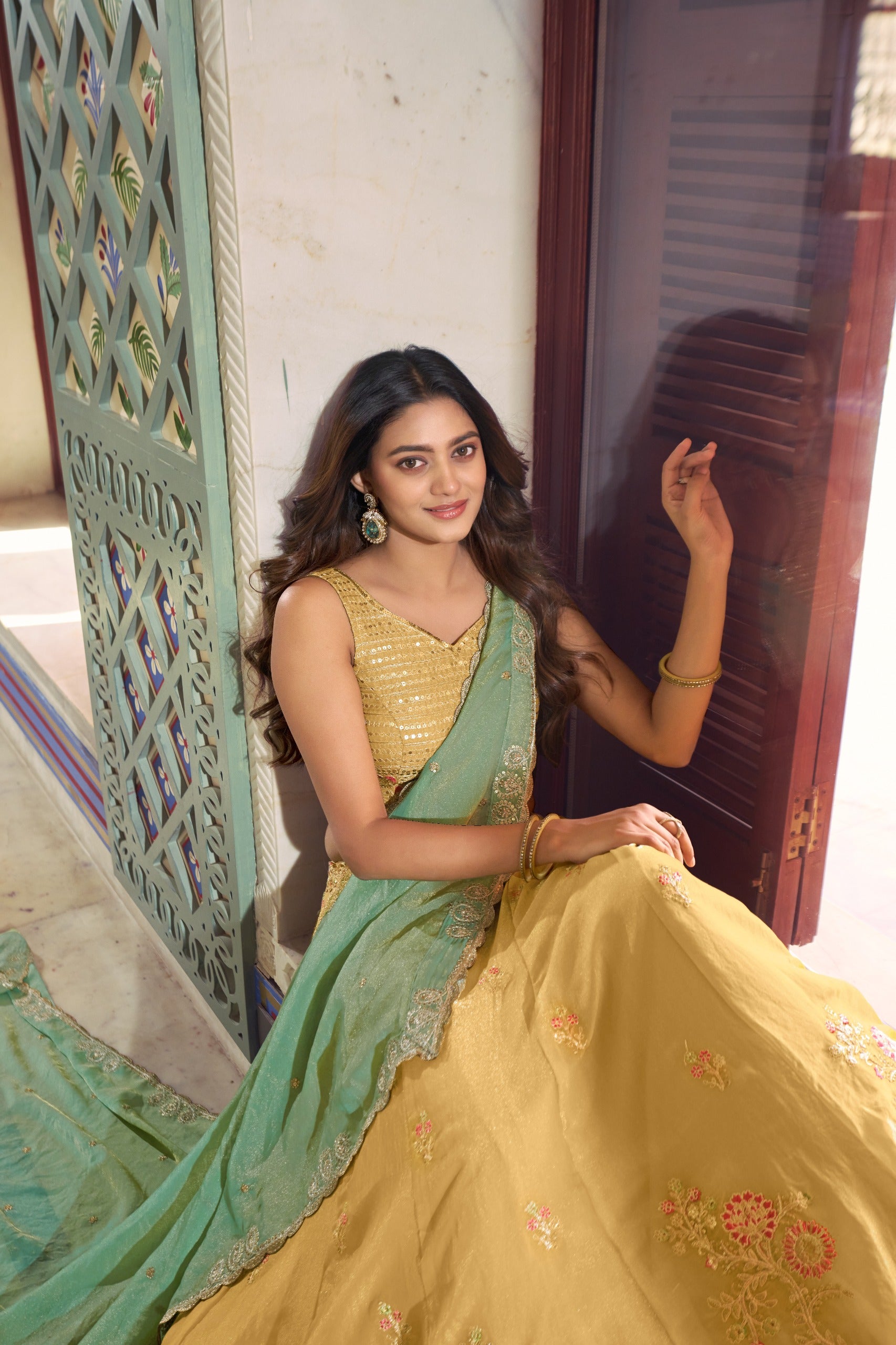 Sunlit Grace Pastel Yellow Moss Silk Chaniya Choli with Contrast Pistachio Dupatta