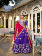 Royal Purple Silk Chaniya Choli with Pink Lotus Embroidery & Rani Pink Dupatta