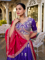 Royal Purple Silk Chaniya Choli with Pink Lotus Embroidery & Rani Pink Dupatta