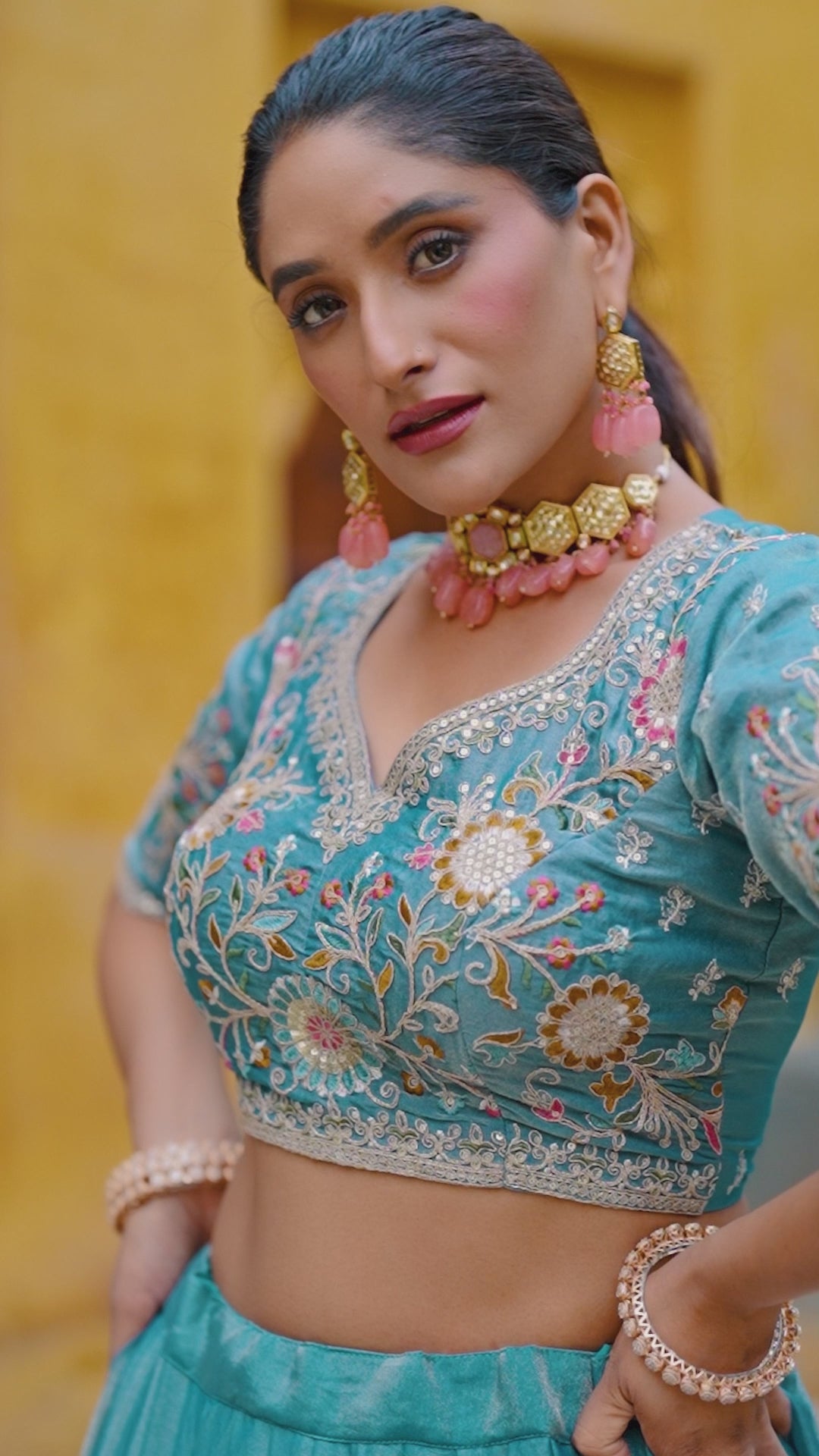 Sea Green Georgette Chaniya Choli with Intricate Floral Resham & Zardosi Embroidery