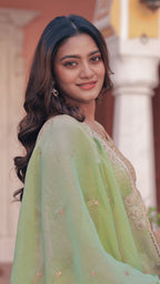 Sunlit Grace Pastel Yellow Moss Silk Chaniya Choli with Contrast Pistachio Dupatta