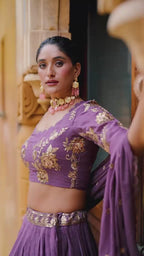 Royal Mauve Silk Chaniya Choli with Ornate Gold Zari & Floral Vine Embroidery