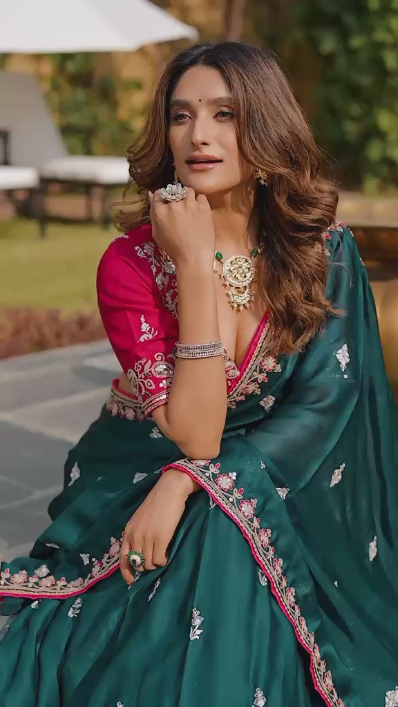 Royal Emerald Green & Hot Pink Contrast Silk Chaniya Choli with Ornate Gold Zari