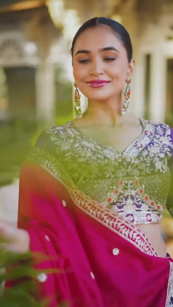 Royal Purple Silk Chaniya Choli with Pink Lotus Embroidery & Rani Pink Dupatta