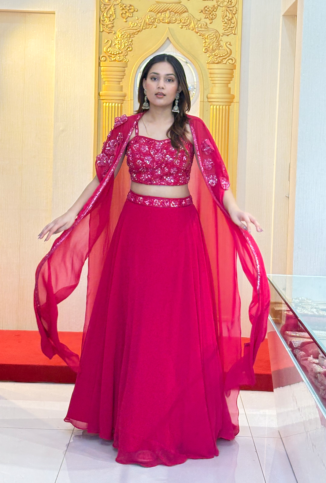 Siren Red: Lucknowi Embroidered Georgette Anarkali Gown
