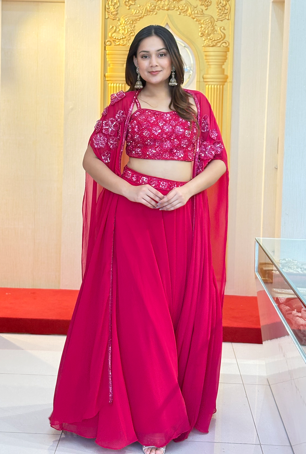 Siren Red: Lucknowi Embroidered Georgette Anarkali Gown Secondary image