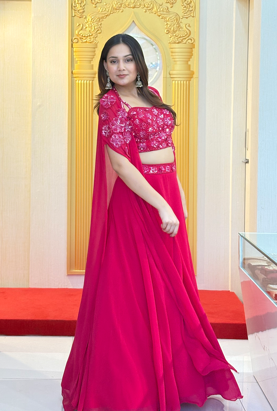 Siren Red: Lucknowi Embroidered Georgette Anarkali Gown