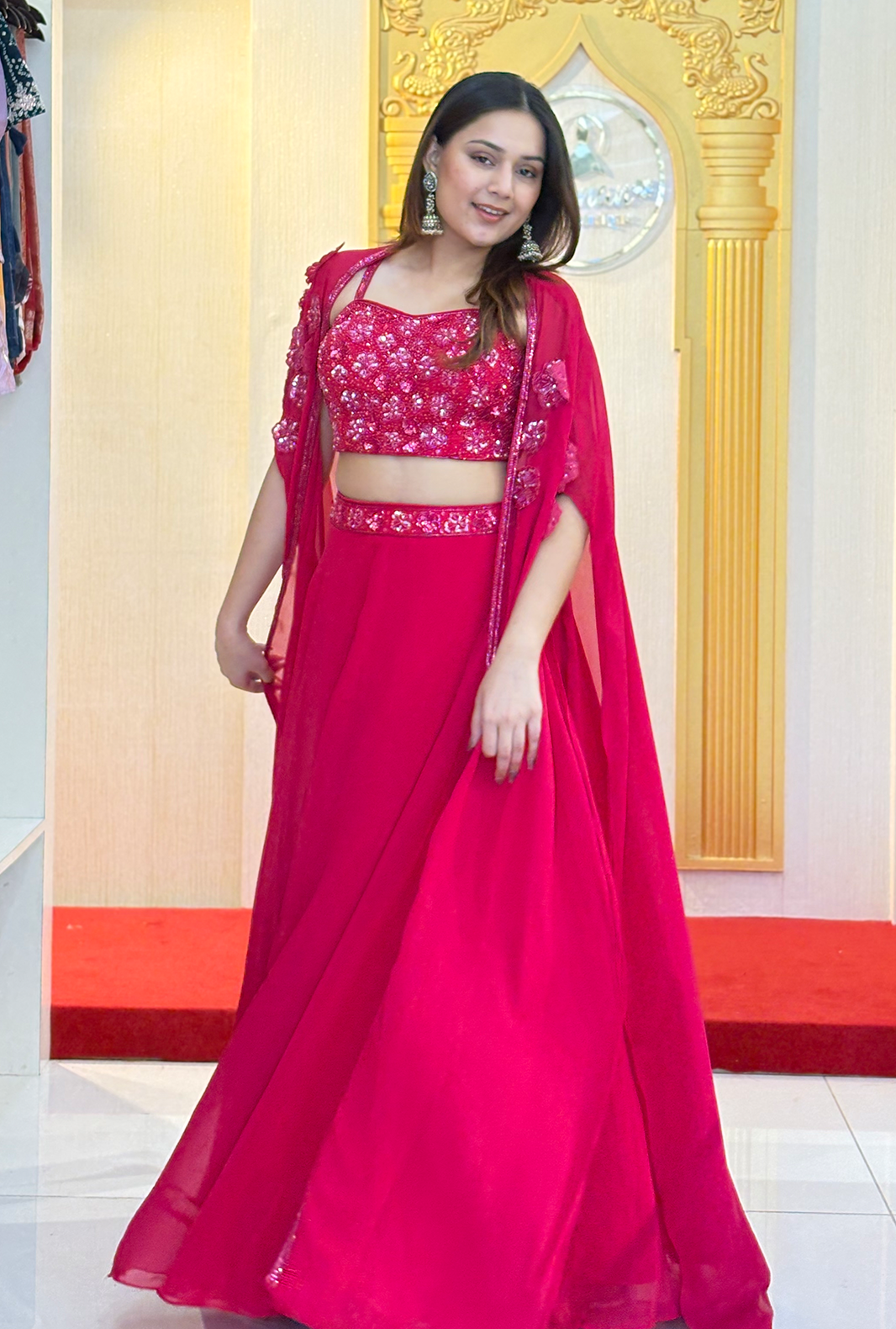 Siren Red: Lucknowi Embroidered Georgette Anarkali Gown