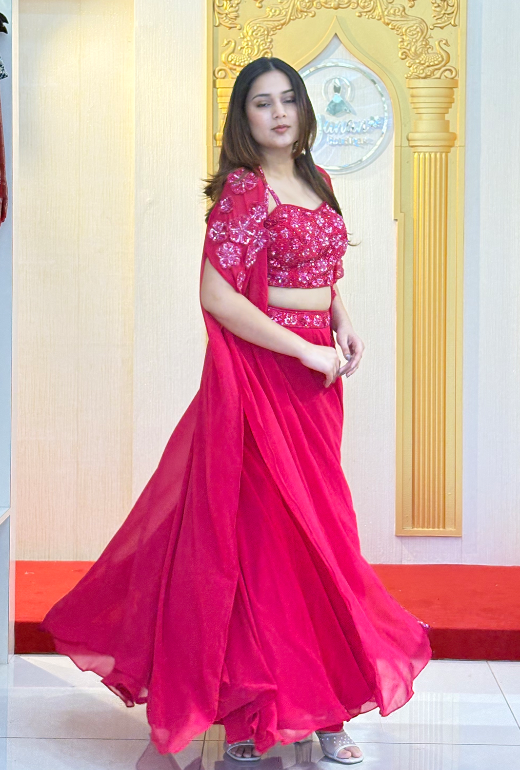 Siren Red: Lucknowi Embroidered Georgette Anarkali Gown