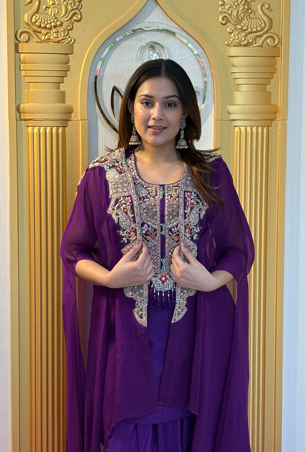 Violet Fusion: Georgette Indo-Western Set with Embroidered Cape Shrug Main image
