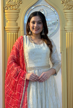 Off-White Silk Jacquard Anarkali – With Traditional Bandhani-Print Dupatta
