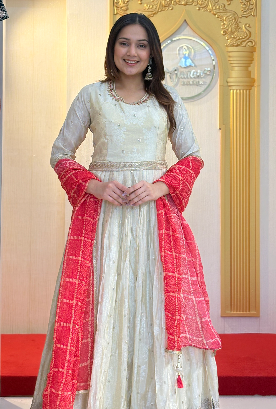 Off-White Silk Jacquard Anarkali – With Traditional Bandhani-Print Dupatta